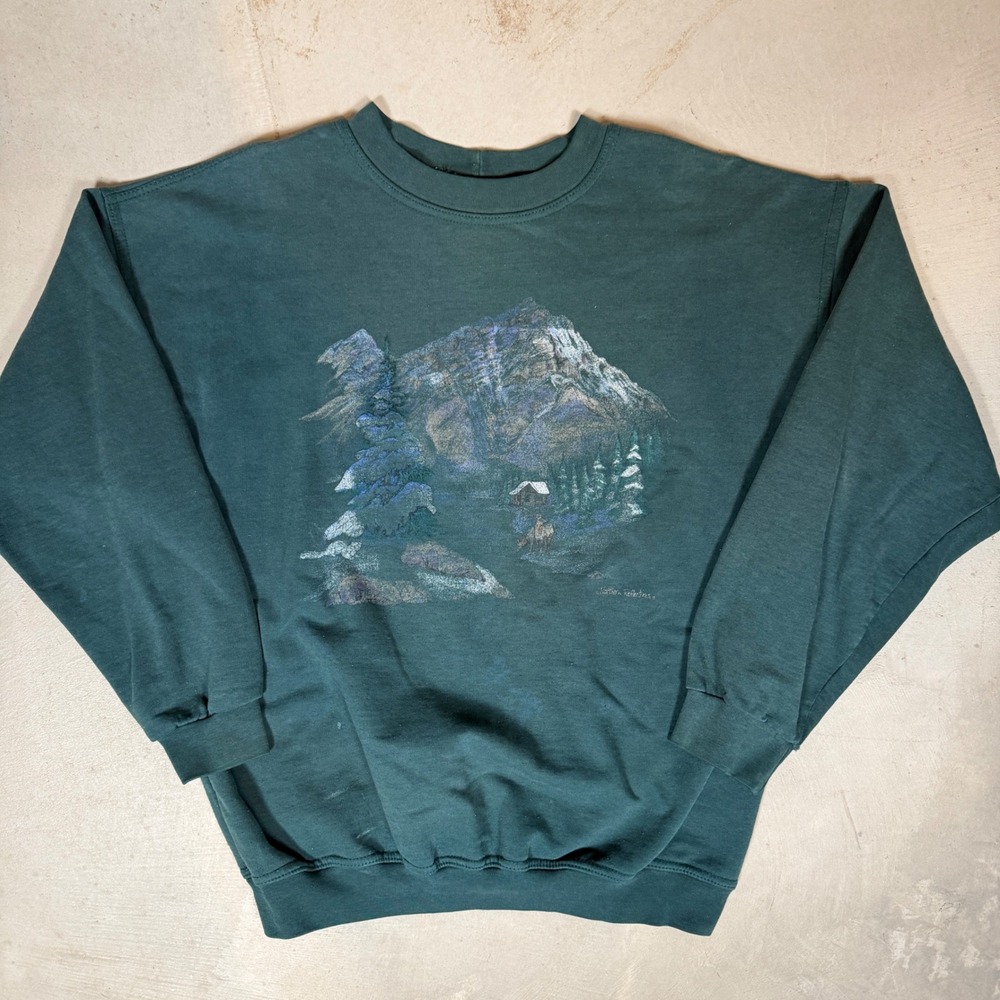 Vintage Northern Reflections Mountain Cabin Graphic Sweatshirt Green Mens XL
